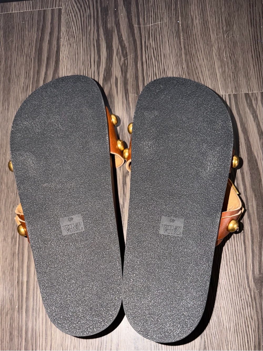 New! Zara Brown Double-Band Slide Sandals with Gold Buckles - Picture 2 of 3